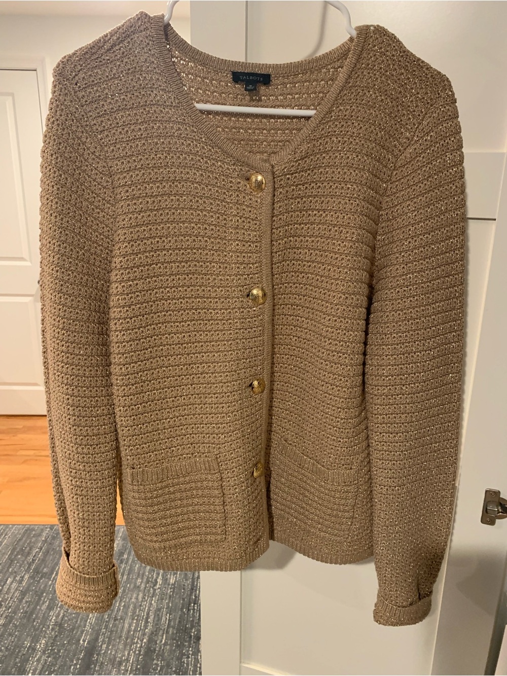 Talbots Camel and Gold Crochet Button-Front Cardigan/Lady Jacket